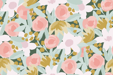 Abstract floral seamless pattern. Bright colors, gouache painting.