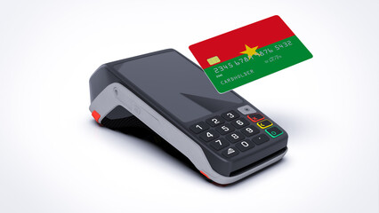 Burkina Faso country national flag on credit bank card with POS point of sale terminal payment isolated on white background with empty space 3d rendering image realistic mockup