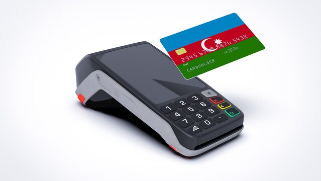 Azerbaijan country national flag on credit bank card with POS point of sale terminal payment isolated on white background with empty space 3d rendering image realistic mockup