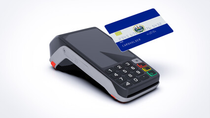 El Salvador country national flag on credit bank card with POS point of sale terminal payment isolated on white background with empty space 3d rendering image realistic mockup