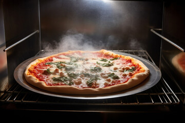 Hot supreme thin crust pizza cooking in oven with steam and smoke