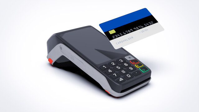 Estonia country national flag on credit bank card with POS point of sale terminal payment isolated on white background with empty space 3d rendering image realistic mockup