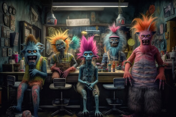Scary nightmare hairy alien monsters in a modern barbershop. Cute haircuts, colorful monsters. Generative AI illustration