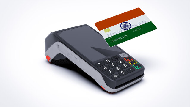 India country national flag on credit bank card with POS point of sale terminal payment isolated on white background with empty space 3d rendering image realistic mockup