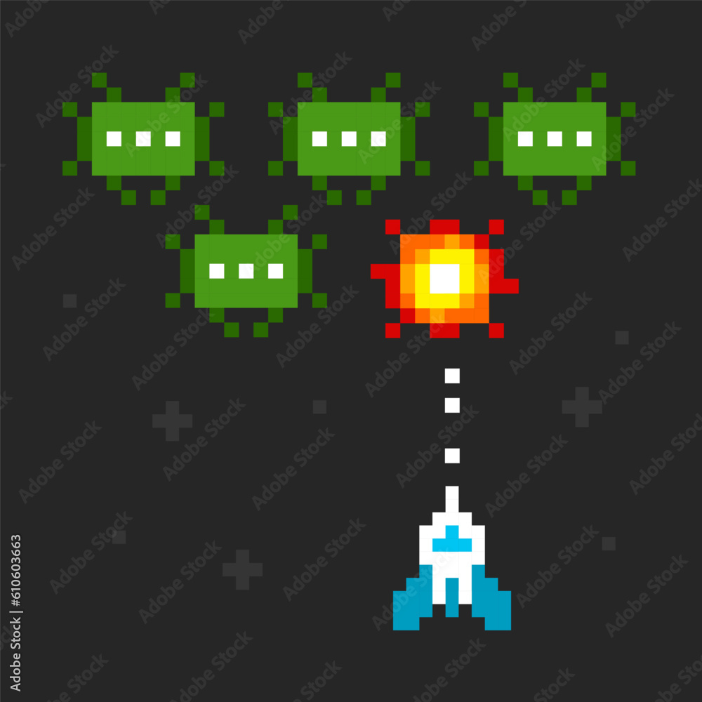 Poster screen of space arcade in 8-bit retro video game style pixel graphics vector illustration