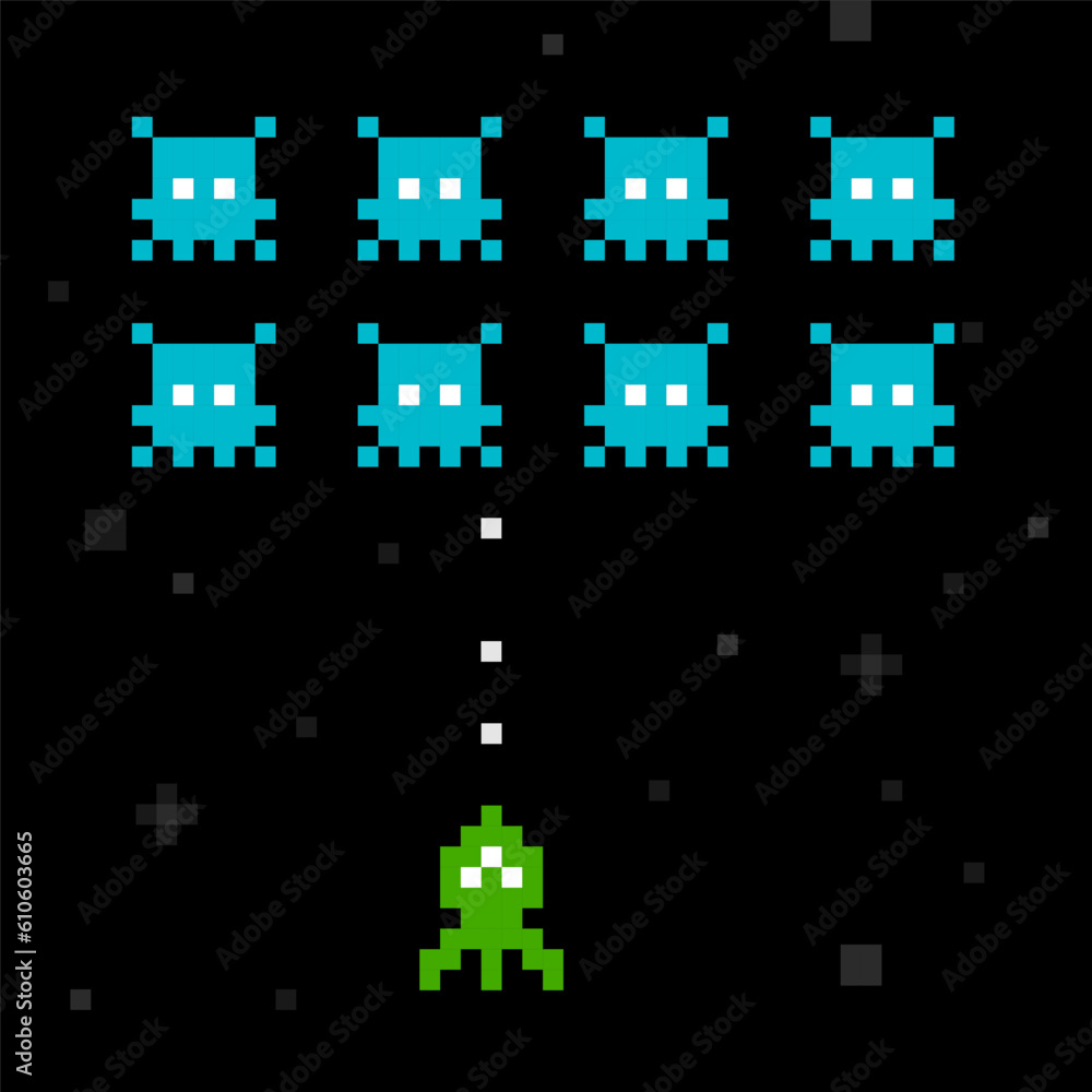 Aufkleber pixel art poster or screen of retro game in 8-bit space arcade style vector template