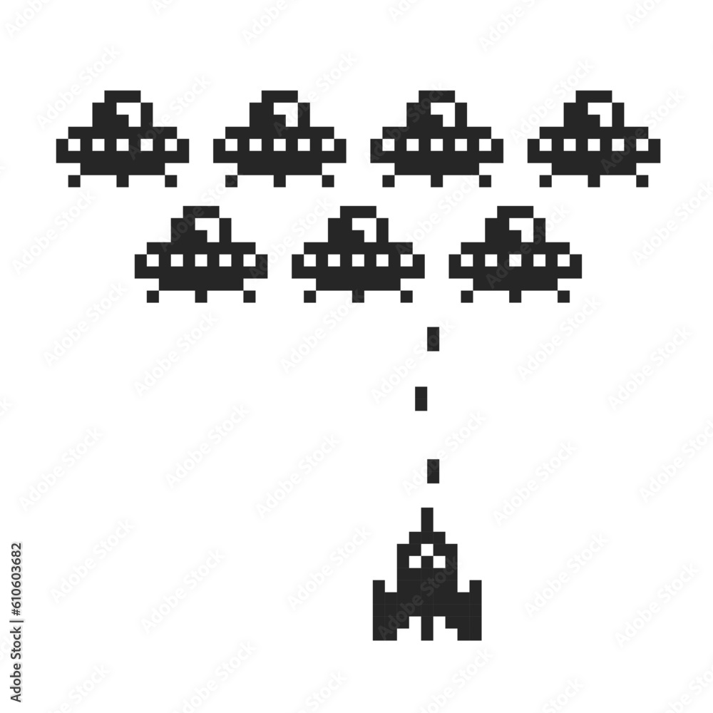 Poster simple space arcade in 8-bit retro video game style pixel graphics isolated vector illustration