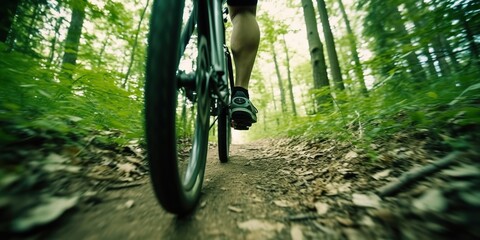 Naklejka premium AI Generated. AI Generative. Photo Illustration of mountain bike cycle sport fit cardio going on green nature outdoor beautiful wild race forest landscape. Graphic Art