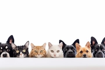 Cute dogs and cats over white horizontal website banner or social media header. Generative AI - obrazy, fototapety, plakaty