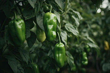 Small hot green peppers close-up growing in a greenhouse. Generative AI