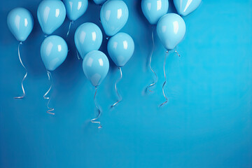 Bunch of bright balloons on light blue background, space for text. Banner design. Generative AI