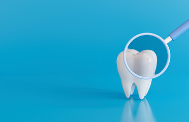 A magnifying glass looks at the health of the teeth. dental care. 3D rendering