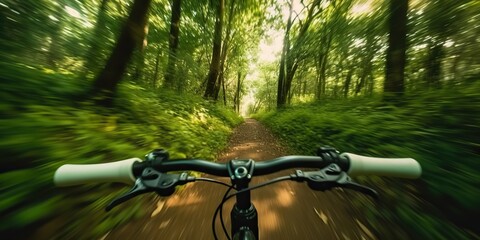 Fototapeta na wymiar AI Generated. AI Generative. Photo Illustration of mountain bike cycle sport fit cardio going on green nature outdoor beautiful wild race forest landscape. Graphic Art