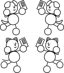 スマホで自撮りするわんまるとにゃんまるの線画セット　犬　猫