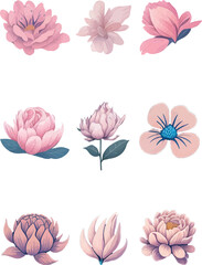 Flower And Leaf Set, Vector Watercolor Flower Design Set