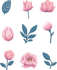 Fototapeta na wymiar Flower And Leaf Set, Vector Watercolor Flower Design Set