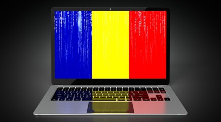 Romania - country flag and binary code on laptop screen - 3D illustration