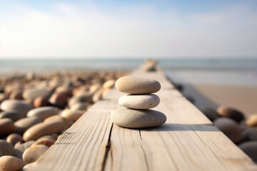 Inner peace and balance pile of pebbles on the wooden bridge on the beach summer vacation on the spa resort life and harmony concept