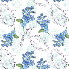 Watercolor daisy and thin branches  flowers on paisley 