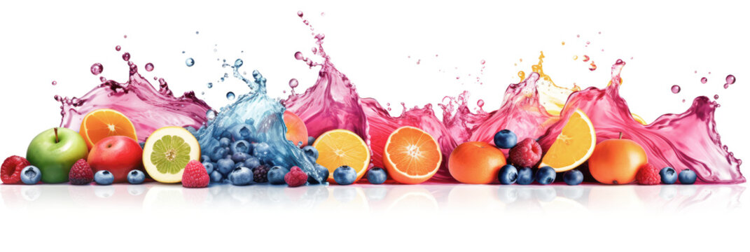 Fruchtsaft-Splash und davor liegende Orangen, Äpfel, Zitronen, Blaubeeren, Himbeeren, Erdbeeren isoliert vor weißem Hintergrund im Panorama-Format. Geneartive AI