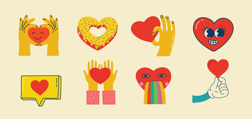 Groovy hippie love sticker set. Retro happy Valentines day. Comic happy heart character in trendy retro 60s 70s cartoon style. Retro characters and elements.
