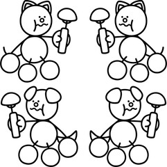 座って料理を食べるわんまるとにゃんまるの線画セット　犬　猫