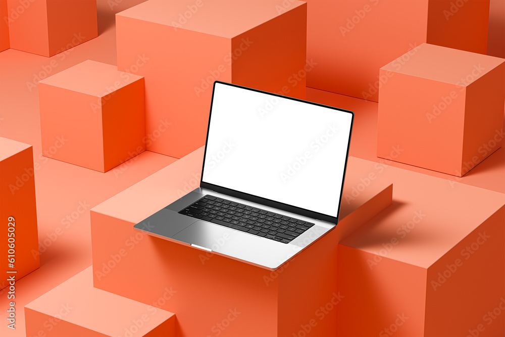 Poster laptop with an empty screen on an abstract background with cubes arranged in an irregular manner