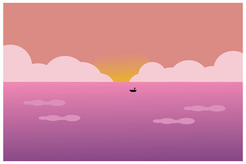 Fototapeta na wymiar Sunset over the sea. Vector illustration in flat design style. An illustration of a sunset view at sea is a silhouette of a fishing boat sailing into the ocean to find fish.