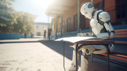 Android robot AI sitting on a bench in front of a school