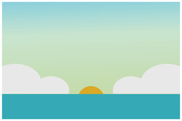 Fototapeta na wymiar Sunrise over the sea with clouds in the sky, vector illustration. illustration of the sun rising between the clouds on a cool and sunny beach area. Beautiful ocean view