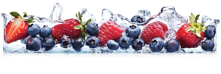In Eis eingefrorene Erdbeeren, Himbeeren und Blaubeeren isoliert vor weißem Hintergrund im Panorama-Format. Generative AI - 610605423