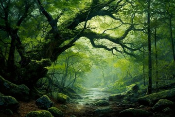 artistic composition showcasing a lush green forest with fallen leaves and tree branches | Generative AI 