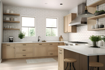 Fototapeta na wymiar Light minimalist kitchen wood and white countertop. Generated AI