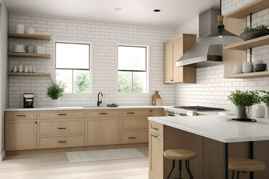 Light minimalist kitchen wood and white countertop. Generated AI