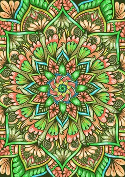Floral Abstract Mandala. Vintage decorative elements. Oriental, Arabic, Indian, Turkish motifs in green shades.