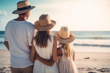 Father, Mother and daughter together at beach. Generative AI