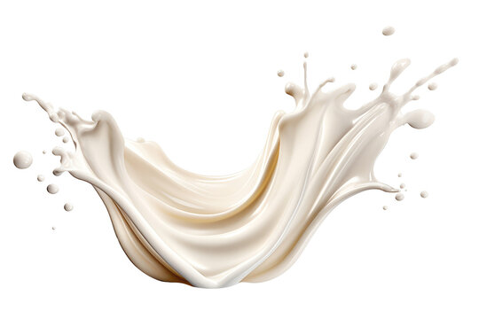 Dynamische Milchwelle mit Spritzern und Tropfen isoliert vor wei&szlig;em Hintergrund. Generative AI