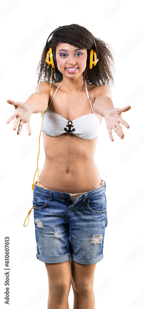 Sticker young woman wearing rave outfit and a headphones with arms reaching out