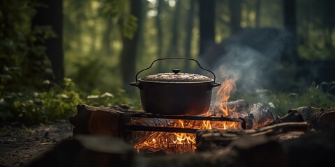 AI Generated. AI Generative. Camping rest food dinnet cook in the green forest. Adventure wild bushcraft explore vibe. Graphic Art