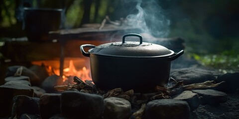 AI Generated. AI Generative. Camping rest food dinnet cook in the green forest. Adventure wild bushcraft explore vibe. Graphic Art