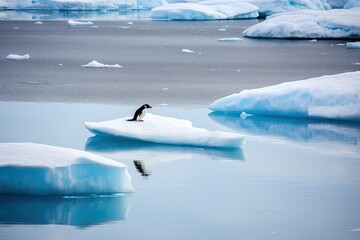 A lone penguin on a melting ice floe representing climate change and global warming. Generative AI
