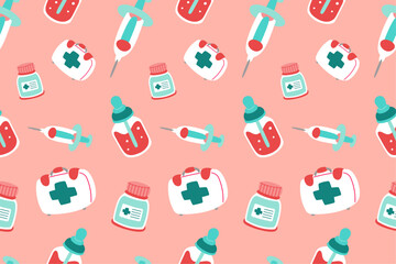 Cute Medical Seamless Pattern Perfect Kids Apparel Trendy Cartoon Textile for Healthcare nursery Hospital Clinic Wrapping Collage Drug Pharmacy Emergency Doctor Print Vector Illustrations_28