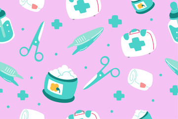 Cute Medical Seamless Pattern Perfect Kids Apparel Trendy Cartoon Textile for Healthcare nursery Hospital Clinic Wrapping Collage Drug Pharmacy Emergency Doctor Print Vector Illustrations