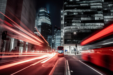 Fototapeta na wymiar London red buses zooming through City skyscrapers night street motion blur