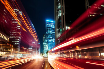 Fototapeta na wymiar London red buses zooming through City skyscrapers night street motion blur