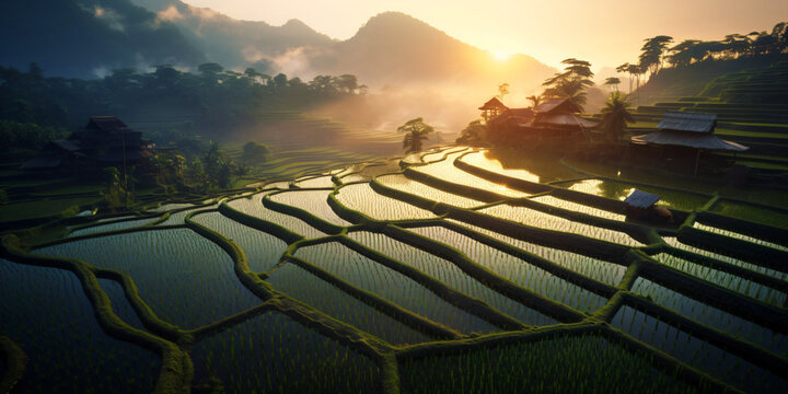 Drone Shot Of Rice Fields, Top View, Agriculture Aerial View, Fictional Landscape Made With Generative Ai