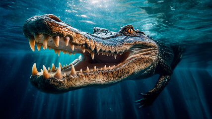 Underwater view a menacing crocodile lurks, Generative AI - obrazy, fototapety, plakaty