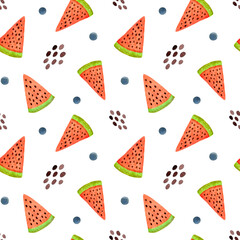 watercolor seamless pattern watermelon slices, dots, seeds on a white background