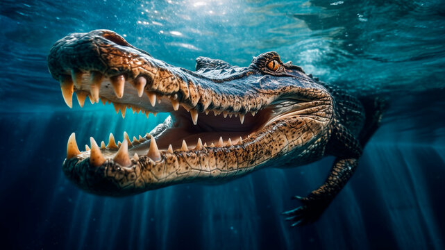 Underwater view a menacing crocodile lurks, Generative AI