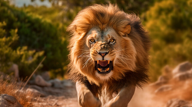 A powerful lion races towards the camera, jaws wide open. Generative AI